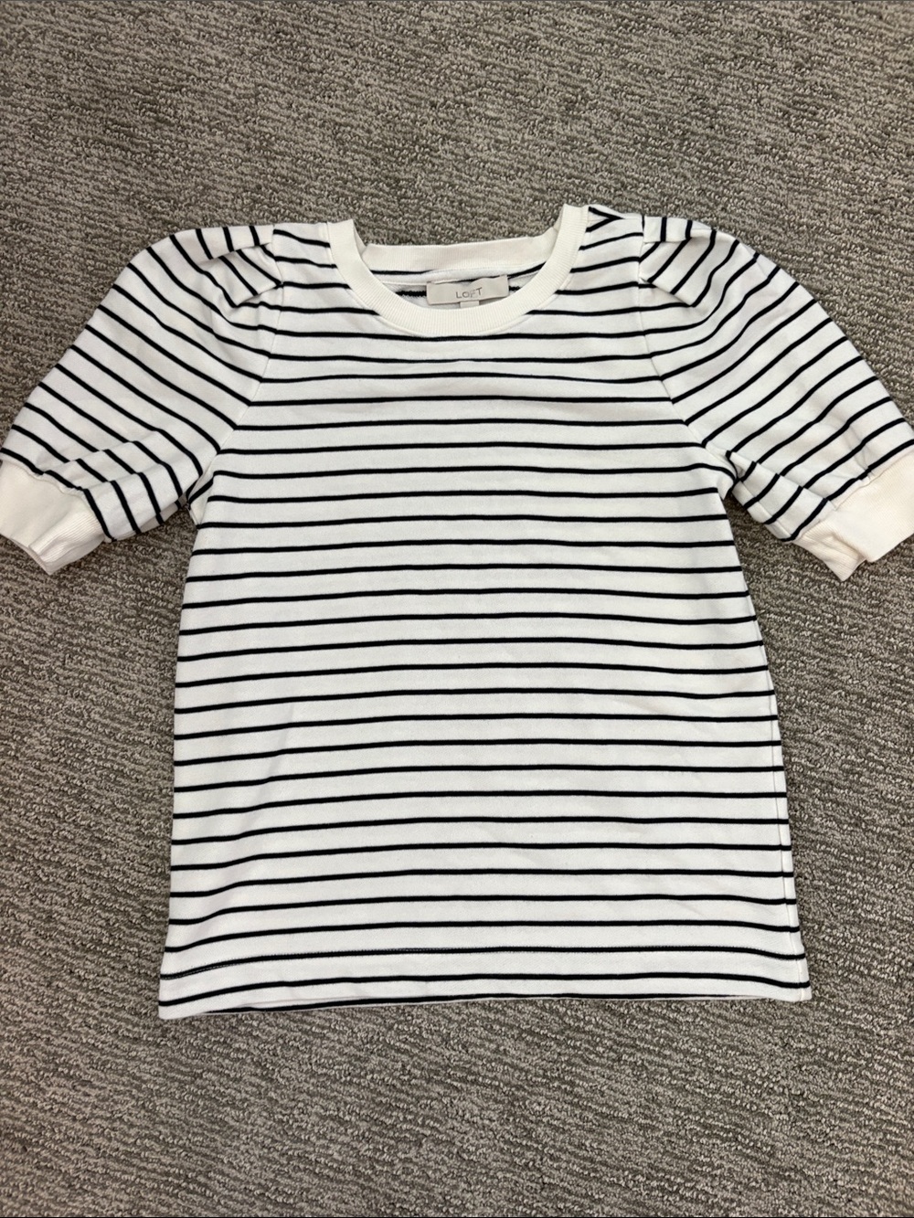LOFT White and Dark Striped Puff Sleeve Tee